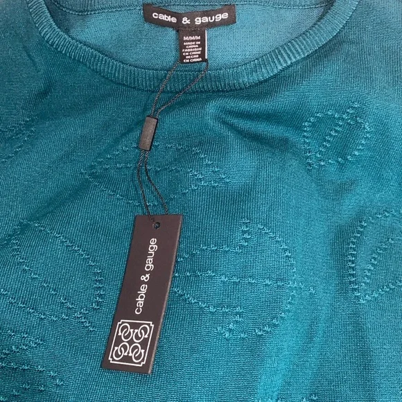 Cable & Gauge teal green leaf pattern half sleeve sweater size medium NWT - Picture 1 of 6